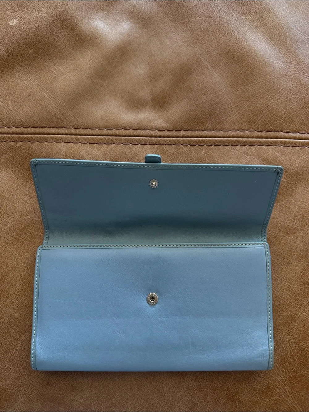 coach vintage blue leather wallet buckle closure